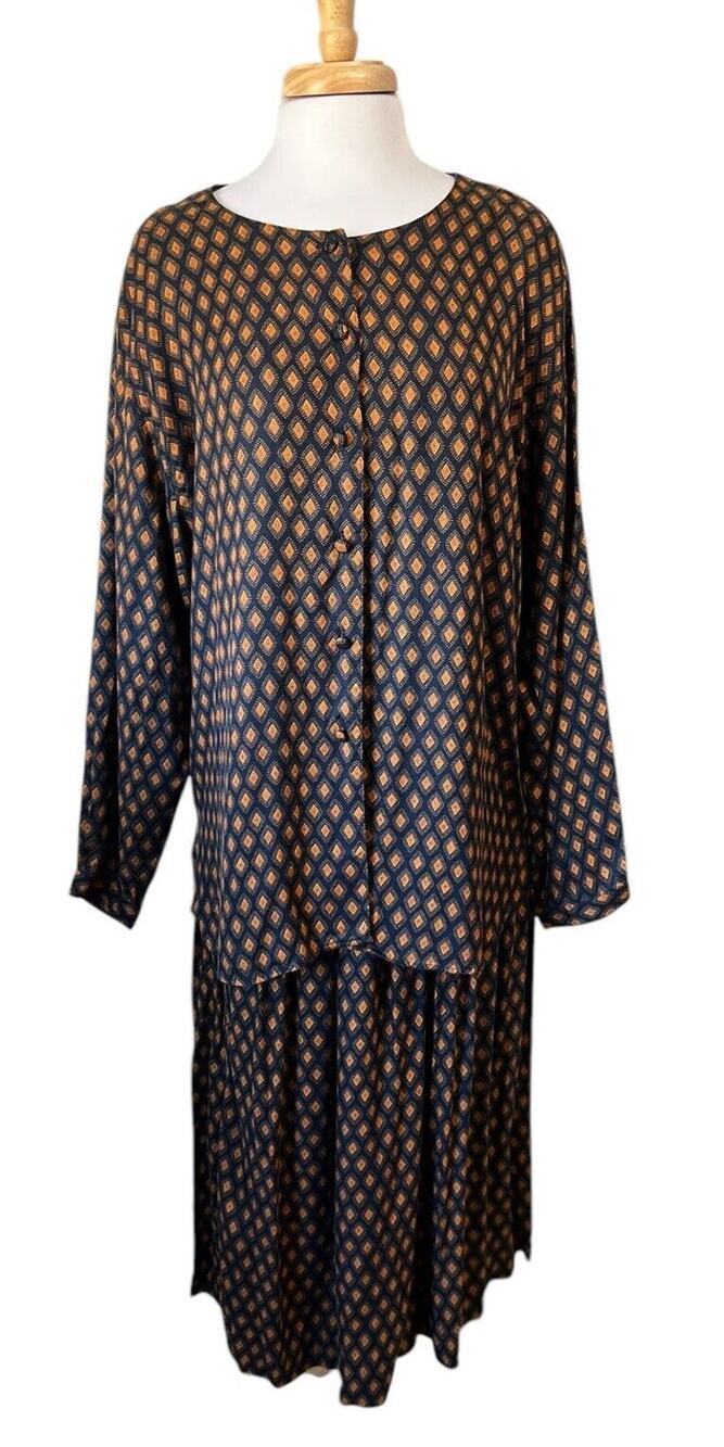 SUBURBANS 90s Womens XL Set Blouse & Maxi Skirt Diamond Lagenlook Career Travel